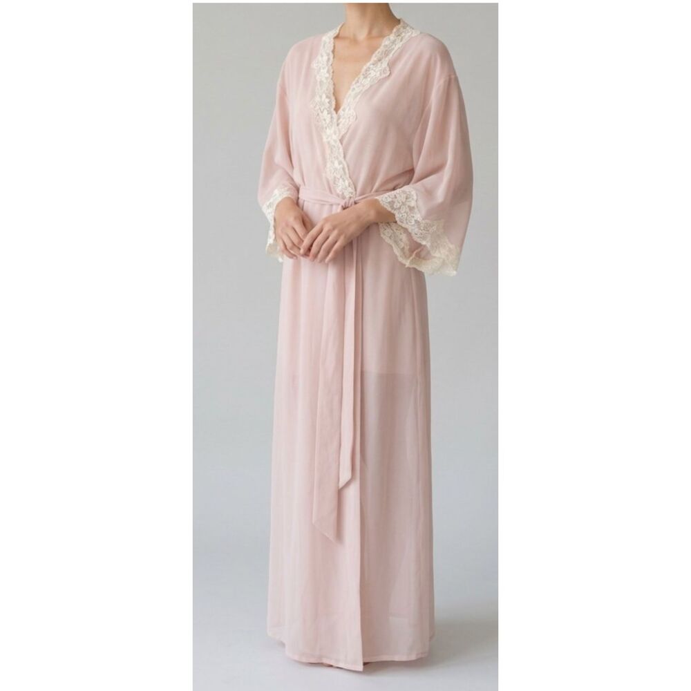 Vintage Linea Donatella Sheer Chiffon Lace Wrap Robe Blush Pink Size L